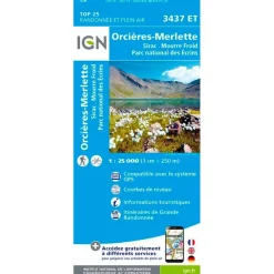 Carte IGN 3437ET Orcieres-Merlette, Sirac, Mourre Froid, PNR des Ecrins