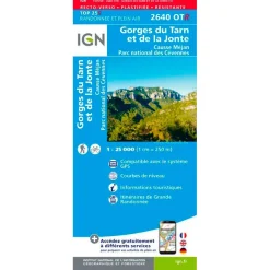 Carte IGN 2640OTR Gorges du Tarn et la Jonte, Causse Méjan, Parc national des Cévennes - Résistante