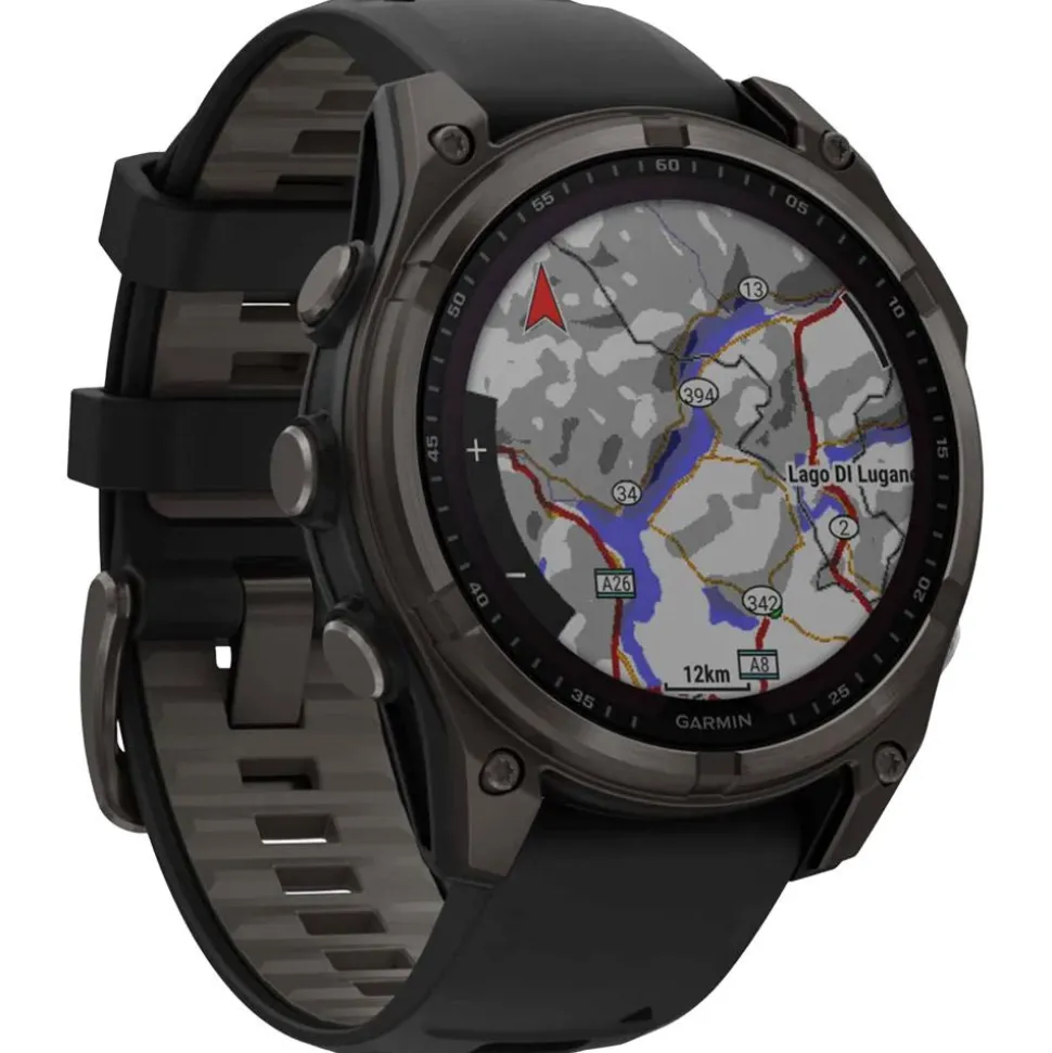 Orologi GPS Garmin Fenix 8 Solar Sapphire Titane Carbon Gray DLC Bracelet Silicone Noir Gris Galet