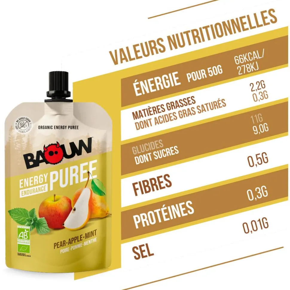 Purè Baouw Compotes Energétiques Bio 90g Poire - Pomme - Menthe